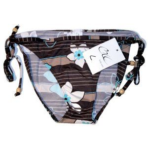 BODY WAVE Swim BIKINI BOTTOM Brown Blue STRIPED Florals ( L  )